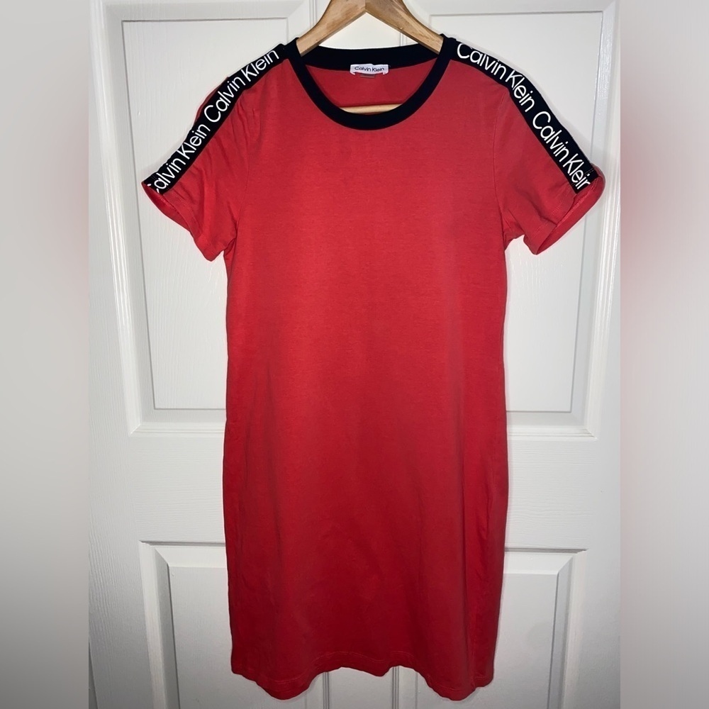 Calvin Klein Women's Short Sleeve Logo T-Shirt Dress, Red Hot, Everyday Casual - Picture 2 of 6